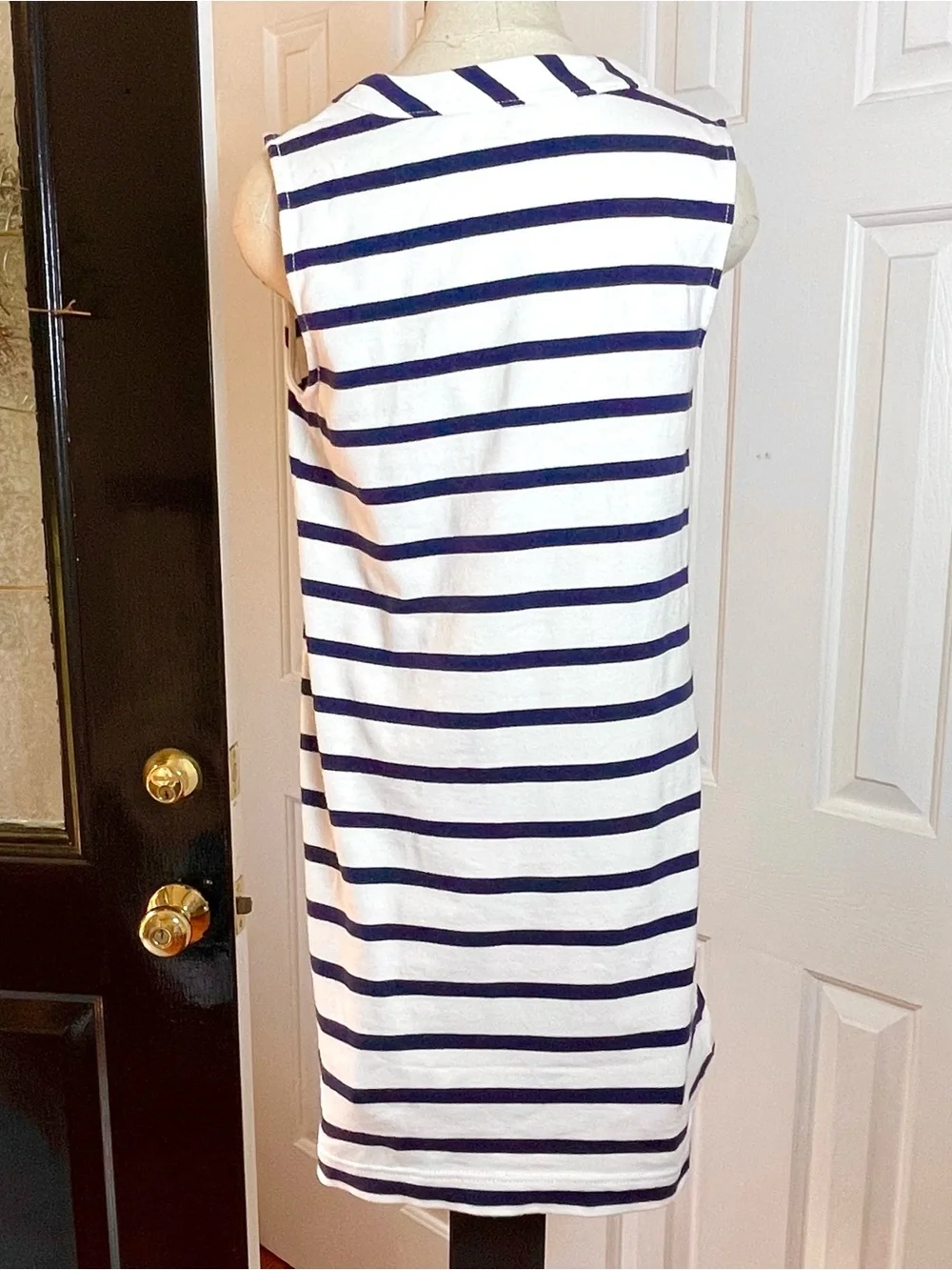 KATE SPADE Navy Blue White Striped Sleeveless Dress Bow Pockets Size Large